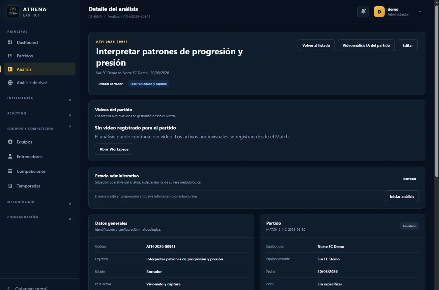Detalle real de un análisis ATHENA con progreso metodológico en cinco fases
