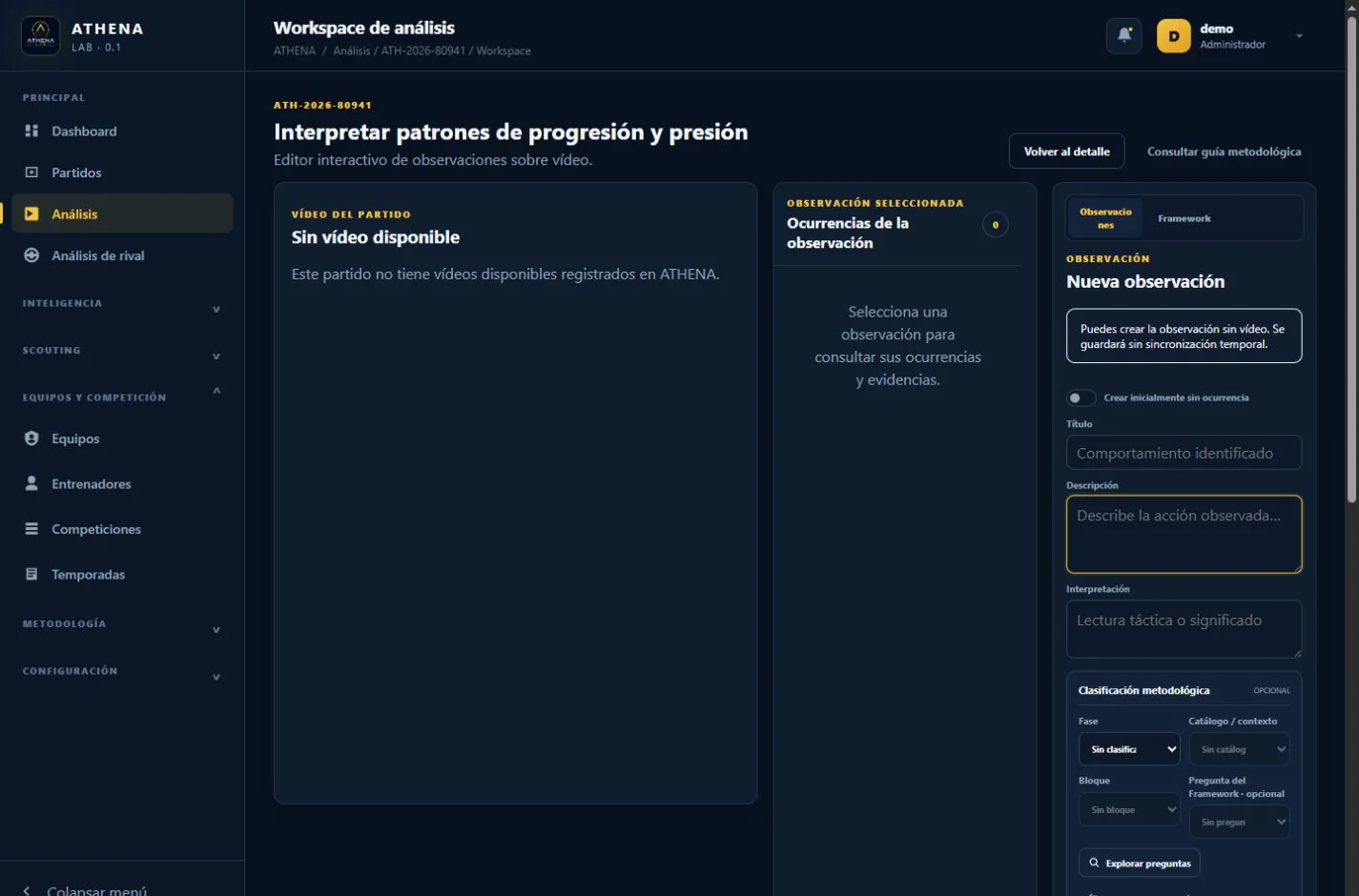 Workspace real de ATHENA con una observación táctica humana sobre un partido ficticio